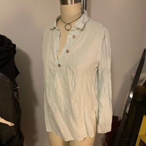 Sigrid Olsen 100% Linen Pale Blue Shirt Roll-Up Sleeves